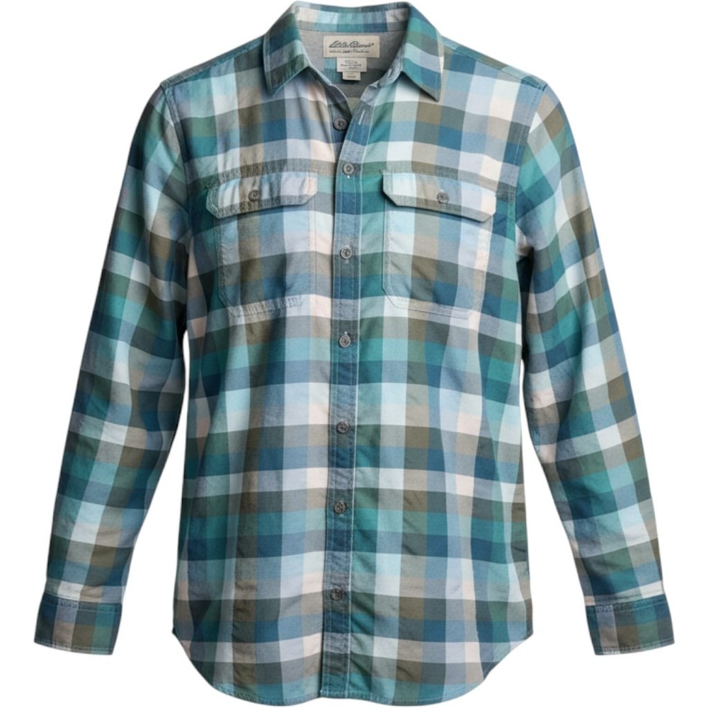 Eddie Bauer Travex Hiking Shirt Womens Small Green Teal Plaid Roll Tab Button Up